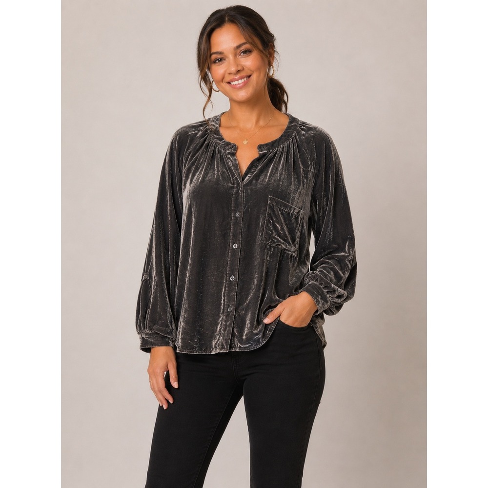 Pilcro and the Letterpress Charcoal Grey Crushedâ Velvet Button Down Blouse M